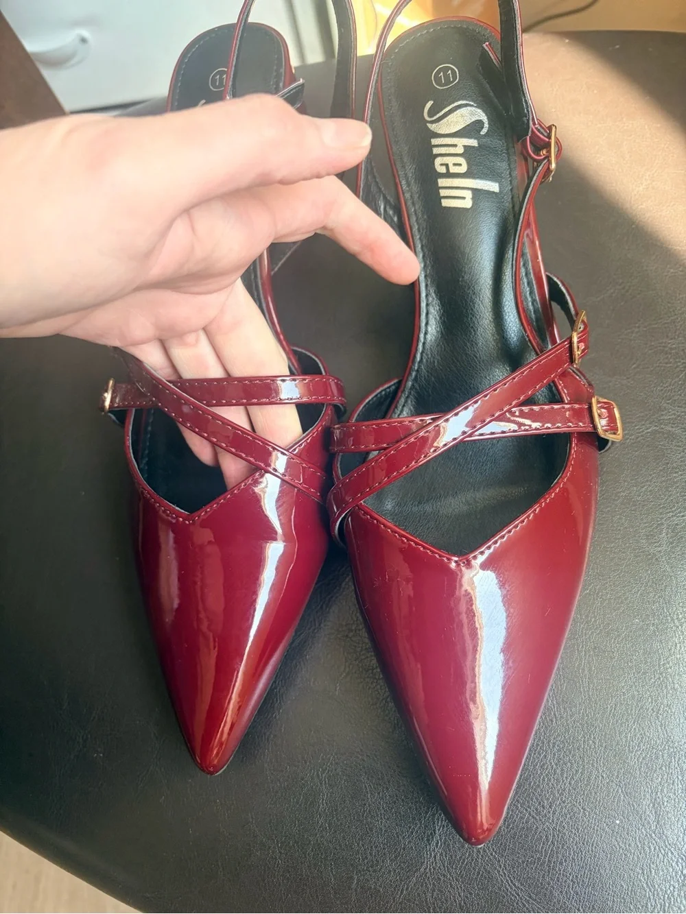 SHEIN Burgundy Patent Slingback Block Heel Pumps with Gold Buckles